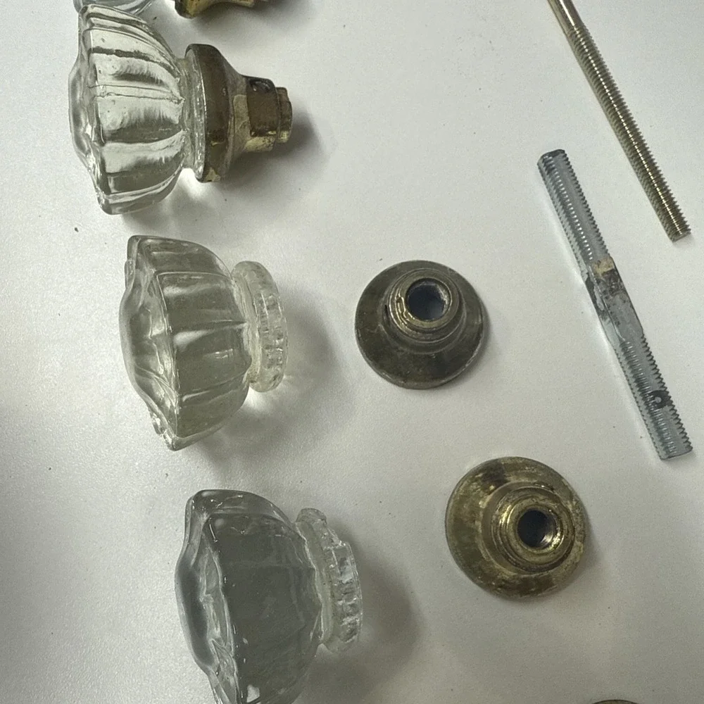 Vintage Glass Door Knob Set w/ Brass Ferrules (Barn Find, Clear Crystal Style)
